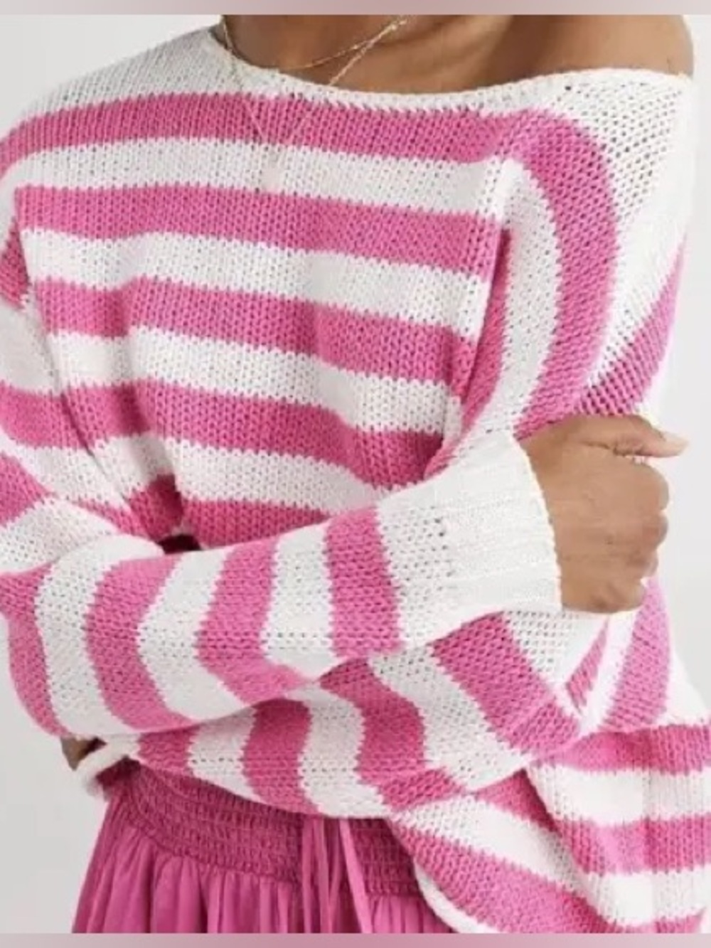 aerie Pink & White Striped Scoop Neck Sweater L